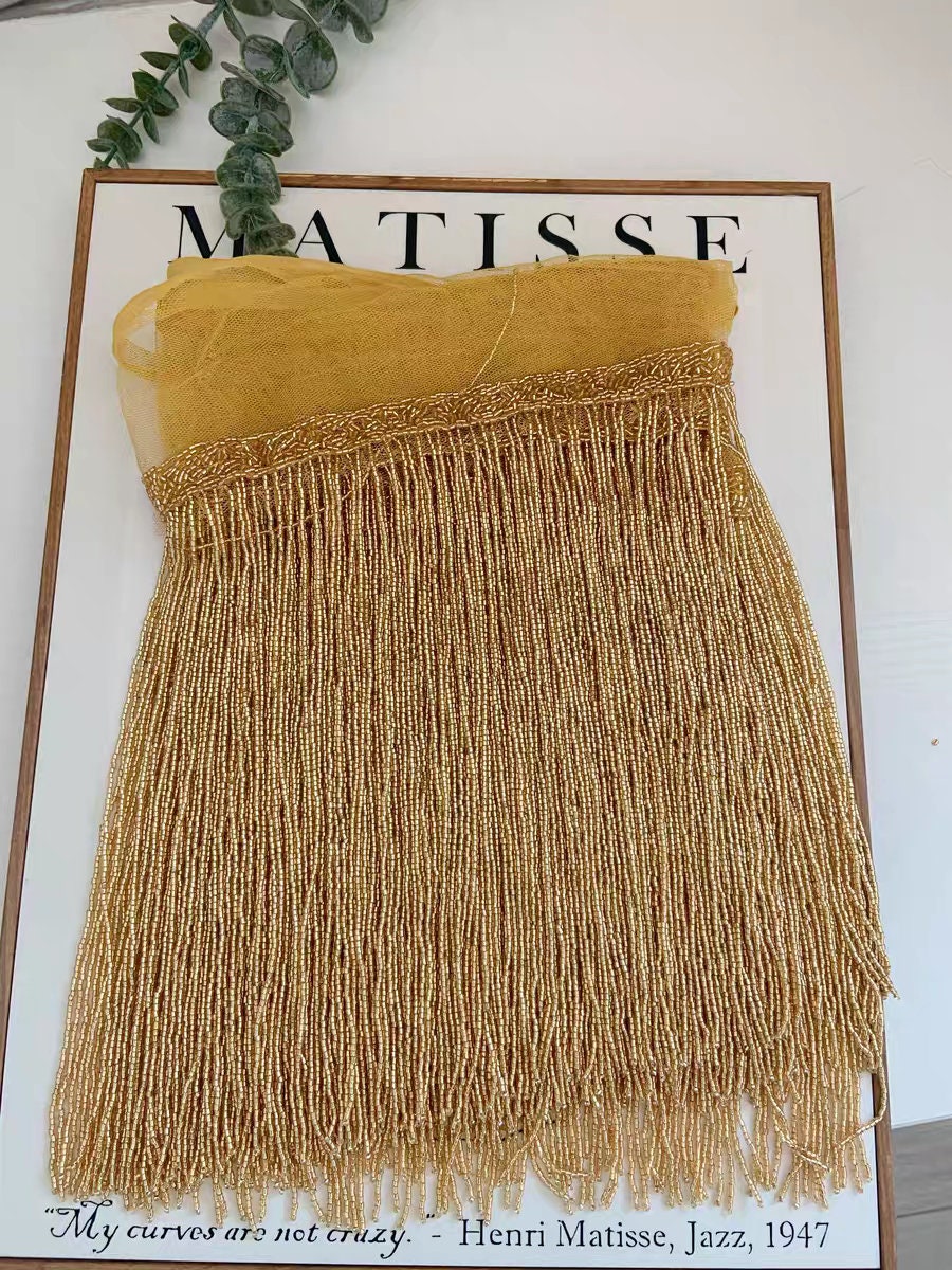 Bordure à franges en perles de rocaille dorées faites à la main, abat-jour et costume à faire soi-même (180 cm)