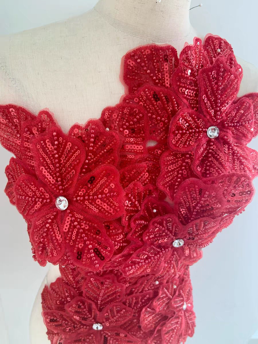 Écussons perlés faits main, motif fleur, 23 cm, rouge, fournitures de couture pour robes de mariée et costumes (DIY)