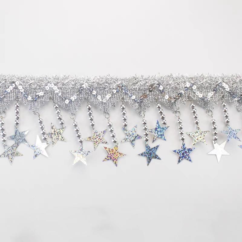 Sterrenpaillettenfranje, goud- en zilverkleurige afwerking, kostuumdecoratie (1 meter lang)