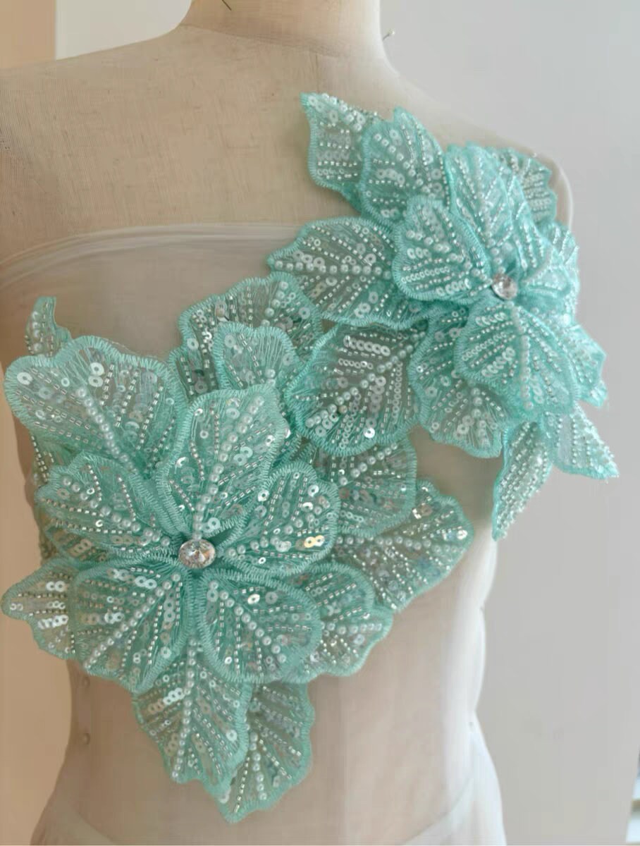 Écussons perlés faits main, motif floral, 23 cm, menthe, fournitures de couture pour robes de mariée et costumes (DIY)
