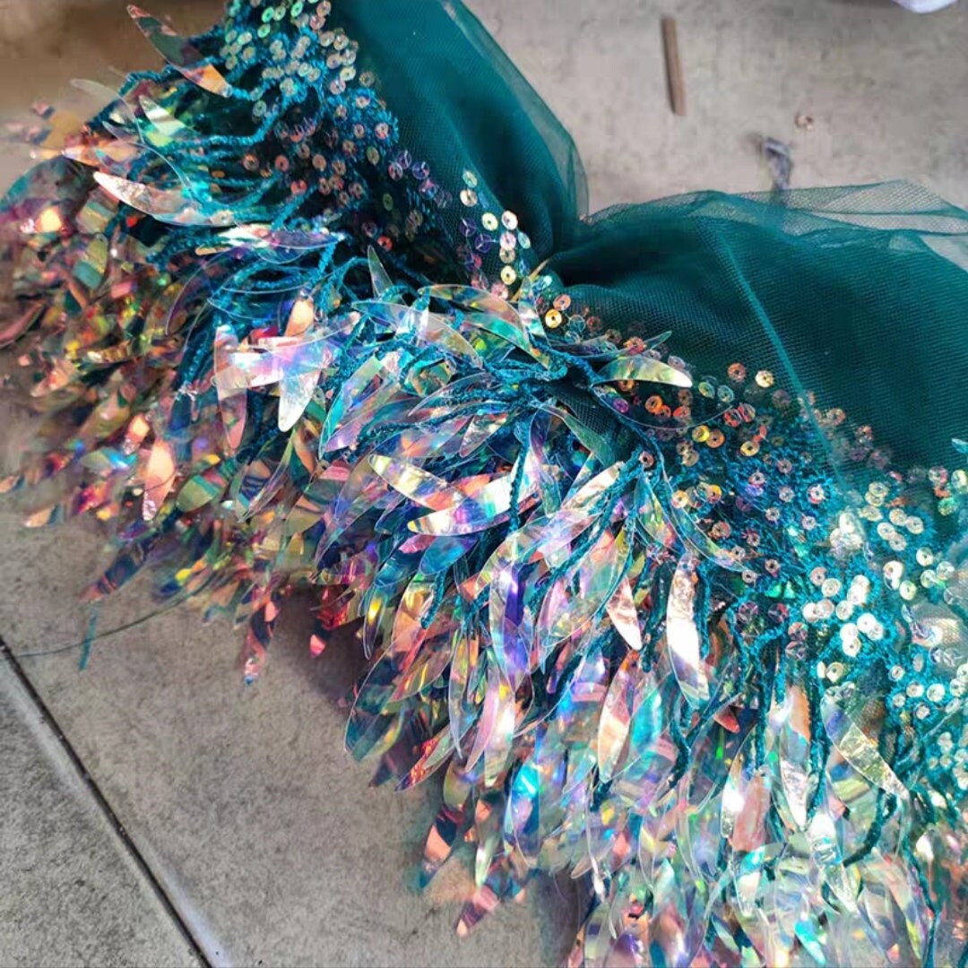 Wasbare paillettenfranjes van 10 meter en 15 cm breed, geschikt voor jurken, kettingen, danskleding en lampenkappen. Verkrijgbaar in 12 verschillende kleuren.