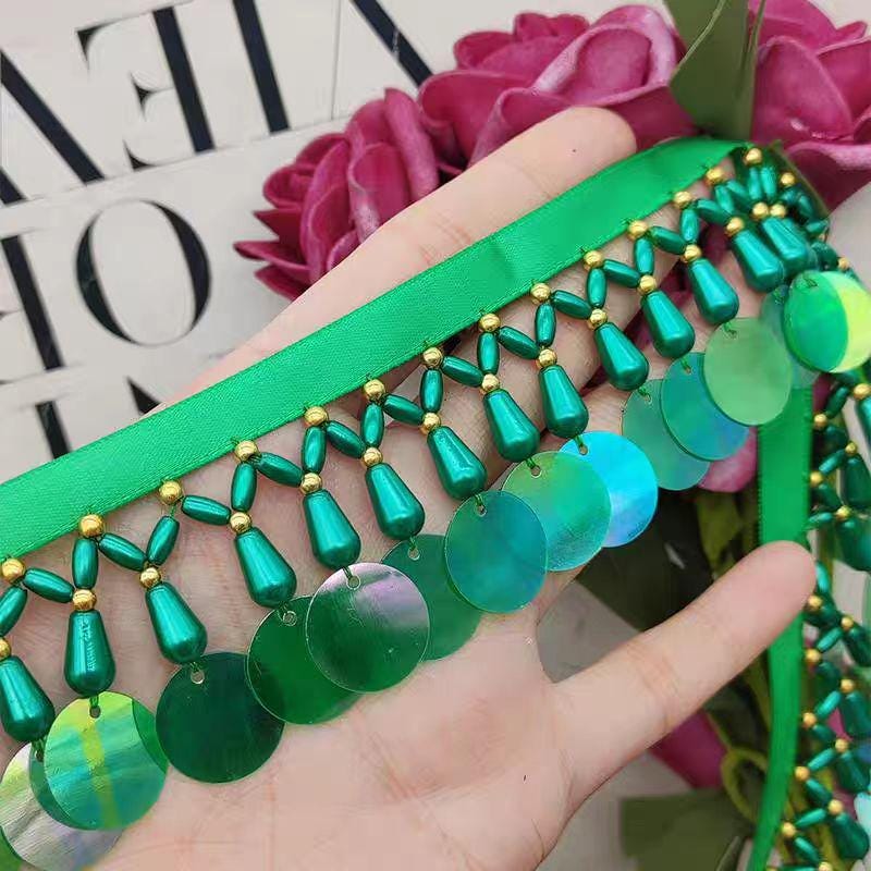 90cm Long 4cm Wide Pearl Beads and Sequins Beaded Fringe, Pink, White, Blue, Green, Black, Red, Pearl Beads Beaded Fringe, Lampshade Fringe