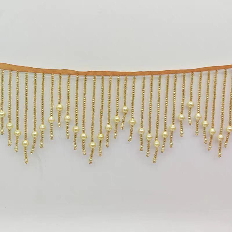 Frange perlée faite à la main : blanche, dorée, rouge, noire, rose – 90 cm de long