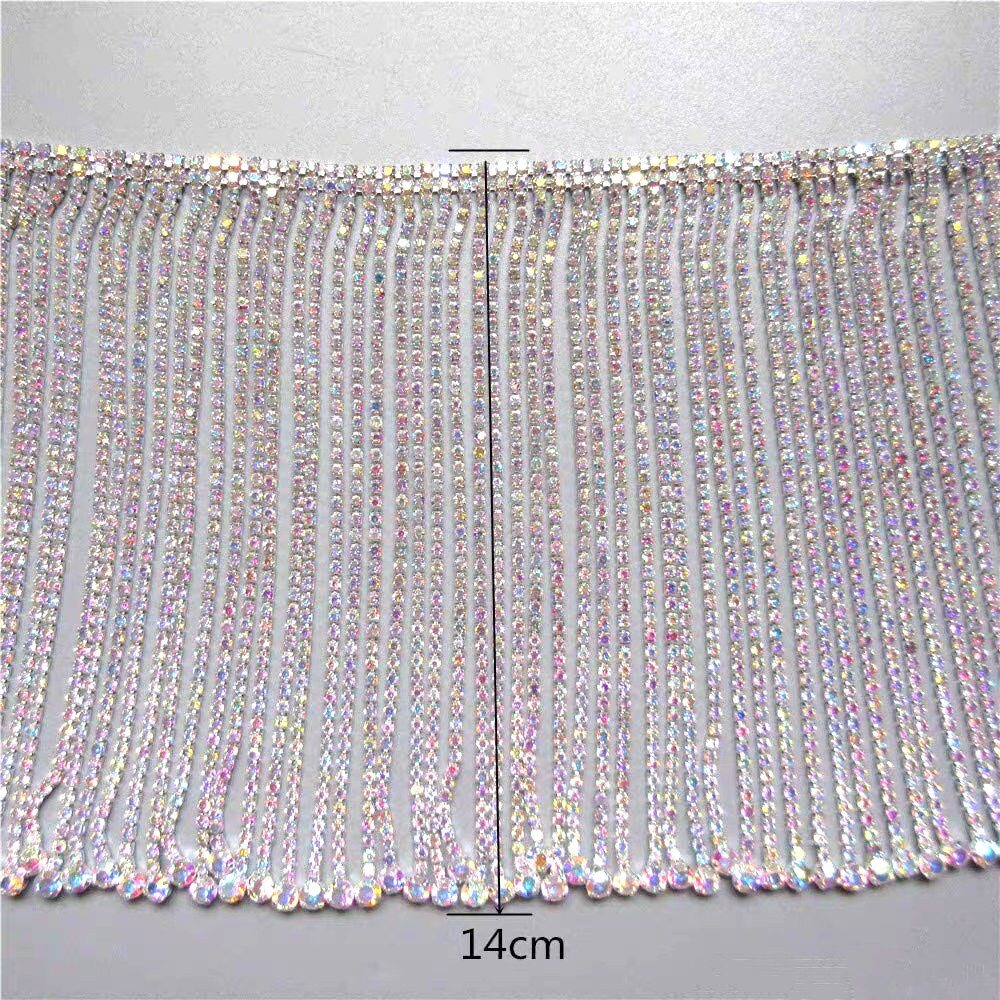 Glanzende franje van strasssteentjes, 20 cm lang en 14 cm breed, geschikt voor danskleding, trouwjurken, kostuums, doe-het-zelf naaibenodigdheden, goud, zilver