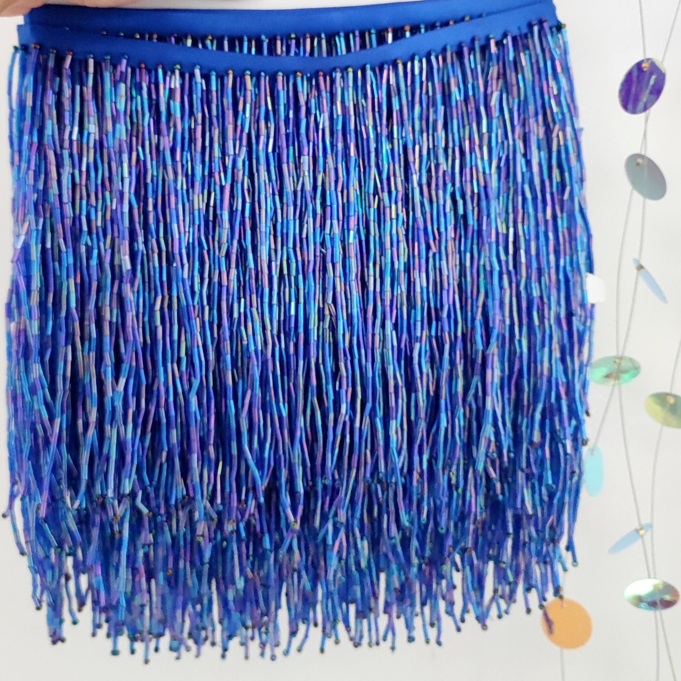 Handmade Iris Sapphire Bugle Bead Fringe: Couture Costume Tassel