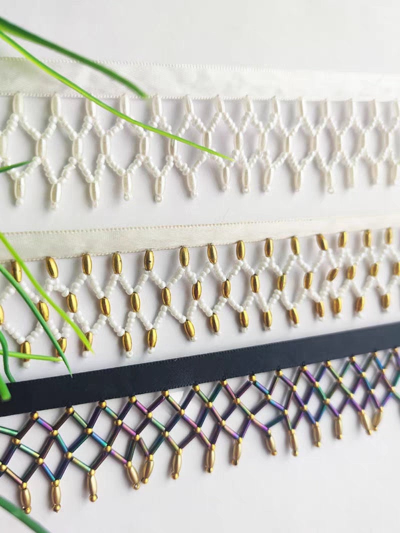 Handgemaakte franjes van kralennet, 90 cm lang en 3 cm breed, voor trouwjurken, danskleding en kostuums. Geschikt als versiering voor doe-het-zelf naaibenodigdheden.