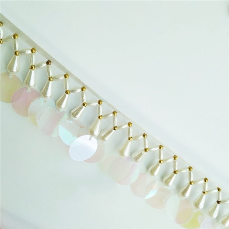 Frange perlée de 90 cm de long et 4 cm de large, ornée de perles et de sequins, rose, blanc, bleu, vert, noir, rouge, pour abat-jour.