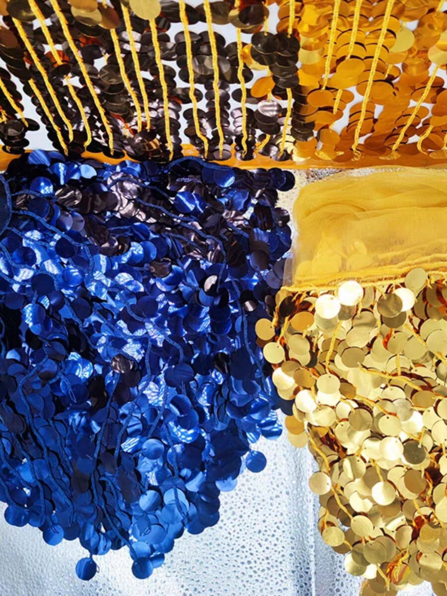 Paillettes perlées de 90 cm de long et 12 pouces de large, 18 mm, dorées et bleues.