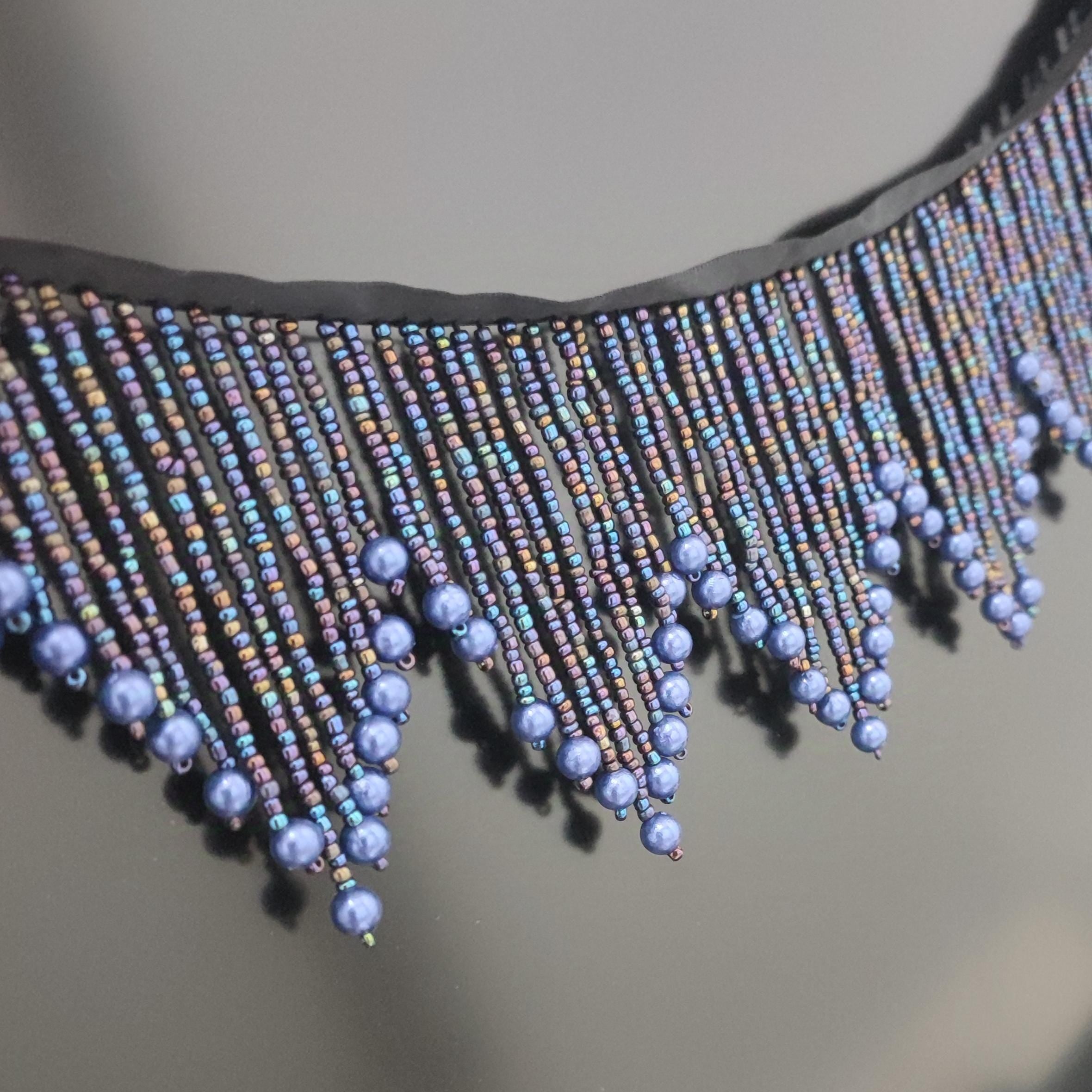 Frange perlée bleu marine Iris faite à la main, garniture d'abat-jour (90 cm de long)