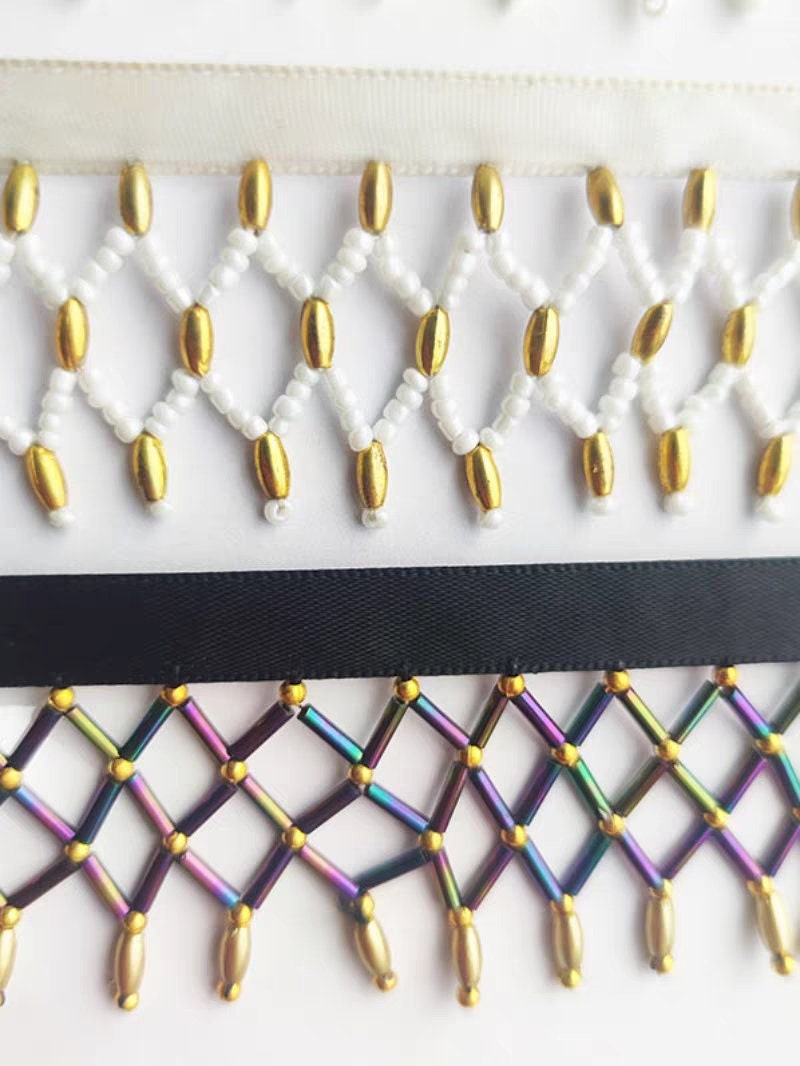 Handgemaakte franjes van kralennet, 90 cm lang en 3 cm breed, voor trouwjurken, danskleding en kostuums. Geschikt als versiering voor doe-het-zelf naaibenodigdheden.