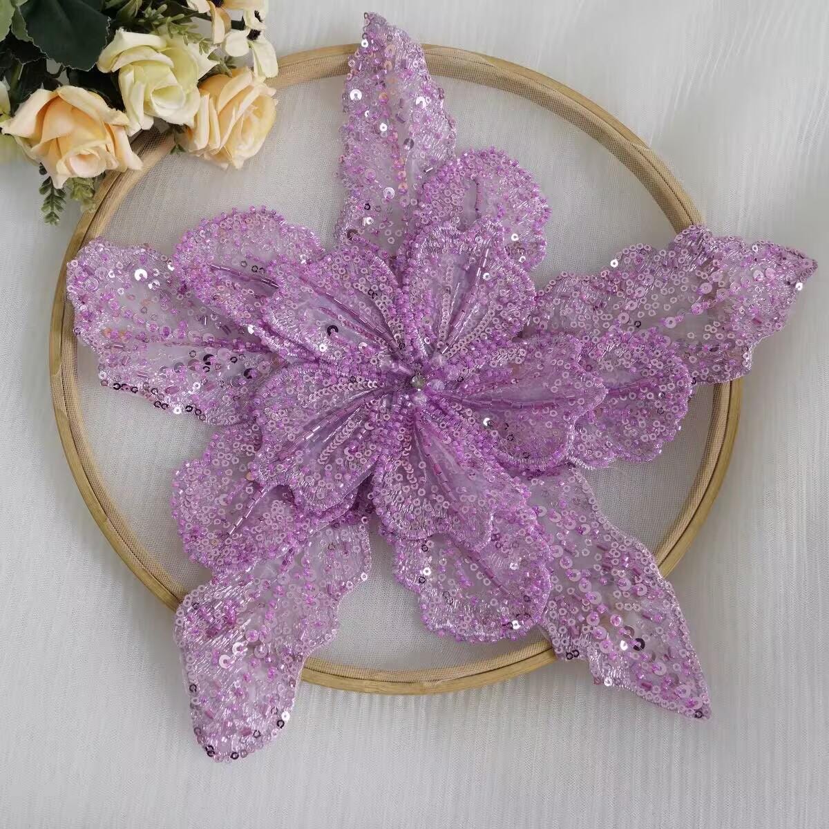 Écusson floral perlé fait main, appliqué en strass et paillettes (29 cm)