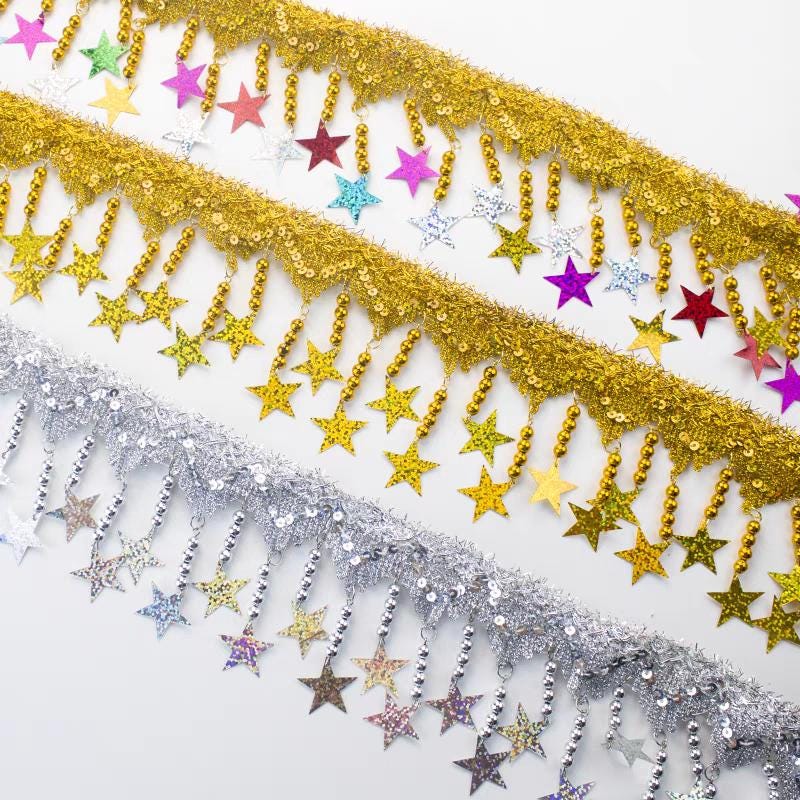 Sterrenpaillettenfranje, goud- en zilverkleurige afwerking, kostuumdecoratie (1 meter lang)