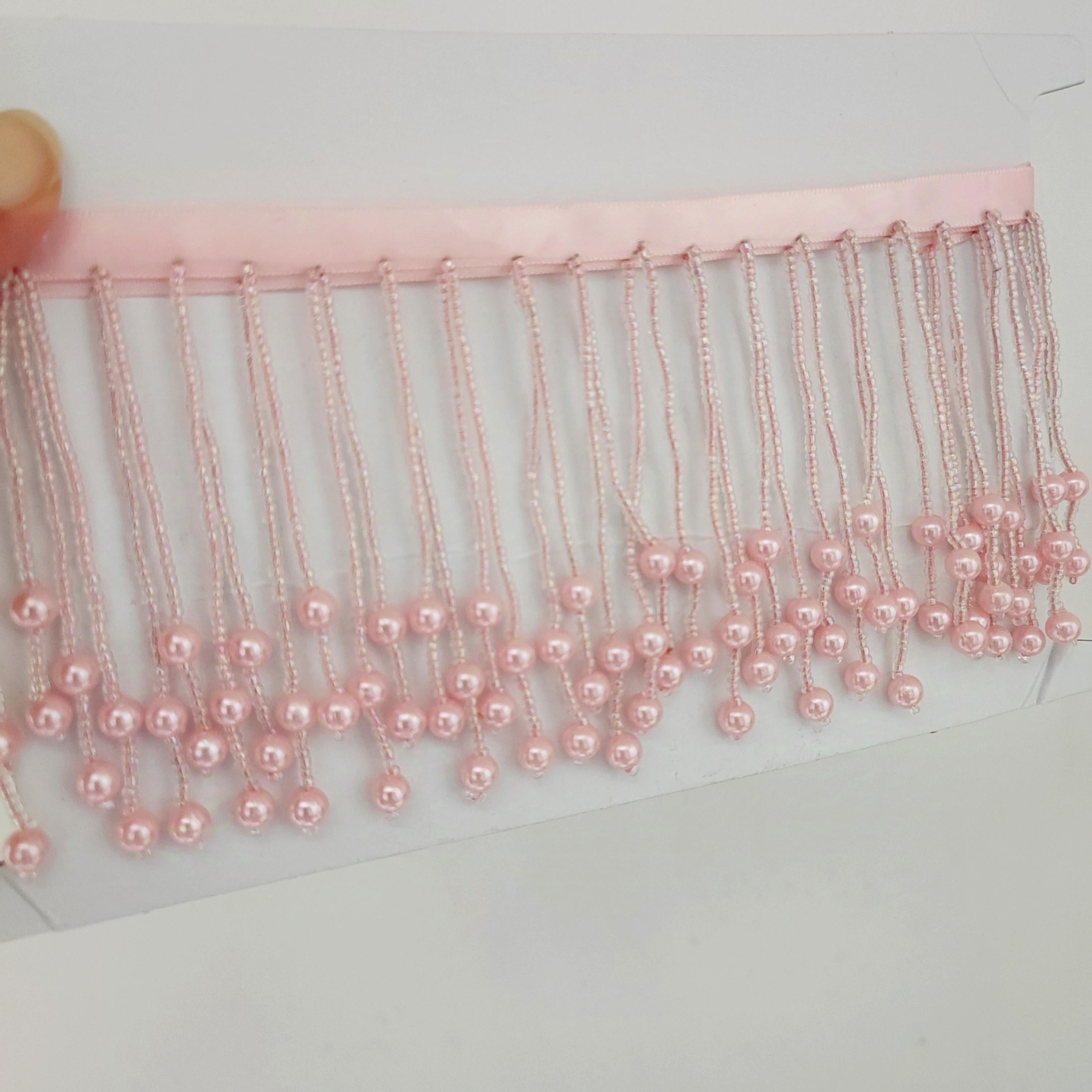 Frange faite main en perles et perles de rocaille : Bordure décorative rose (8 cm de large)