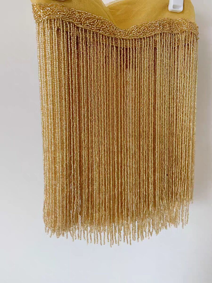 Bordure à franges en perles de rocaille dorées faites à la main, abat-jour et costume à faire soi-même (180 cm)