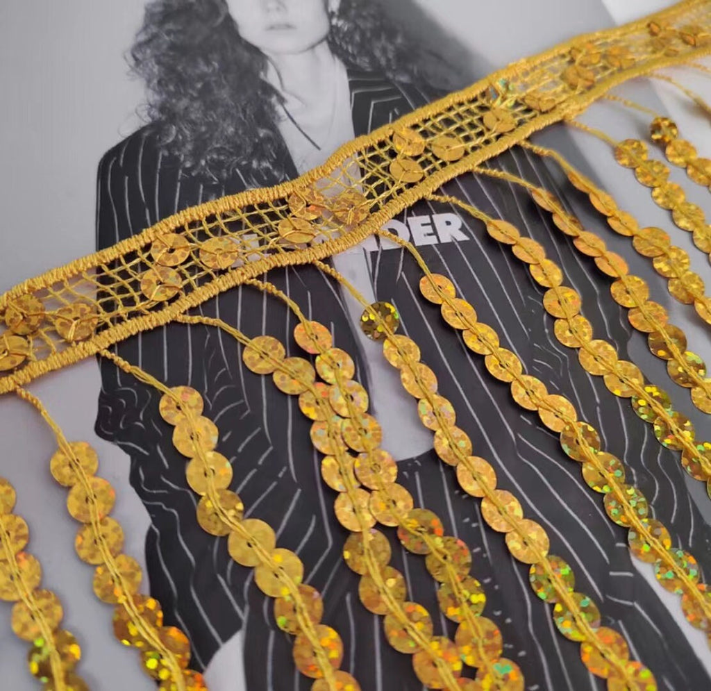 Frange à paillettes : 9 mètres, 40 cm de large, bandeau de 1,5 cm.