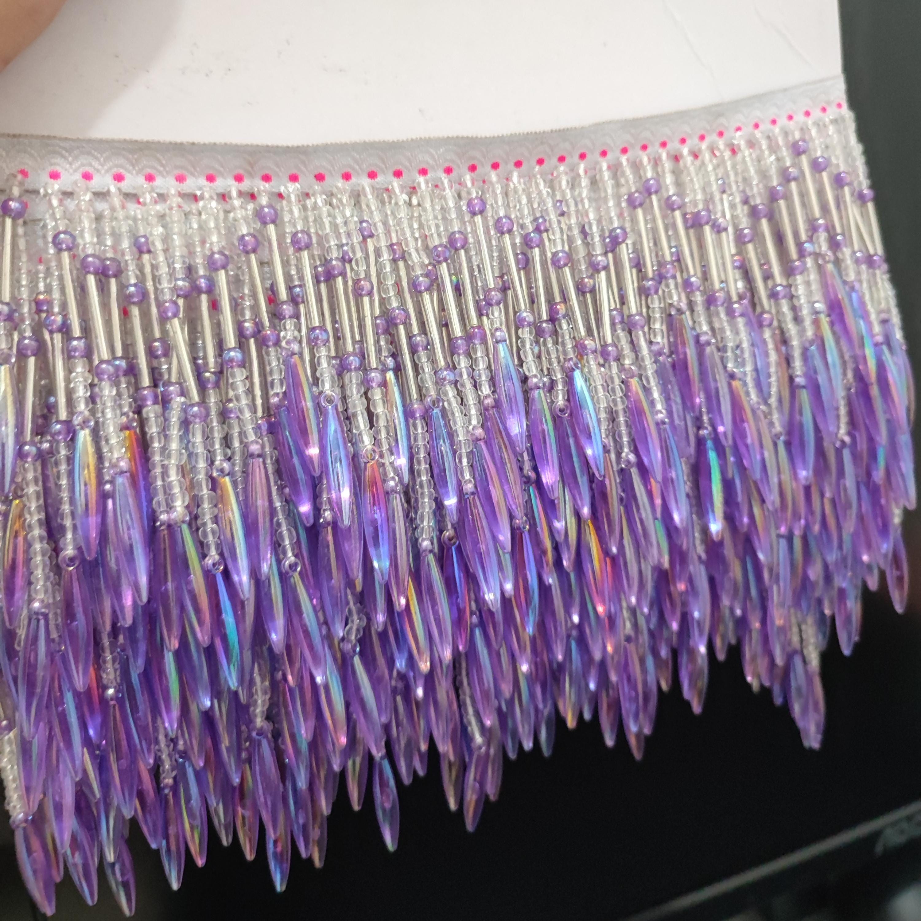 1 meter Long 4-inch Wide Handmade Purple Beaded Chevron Fringe, Lampshade Trim, DIY Decorative Ornaments