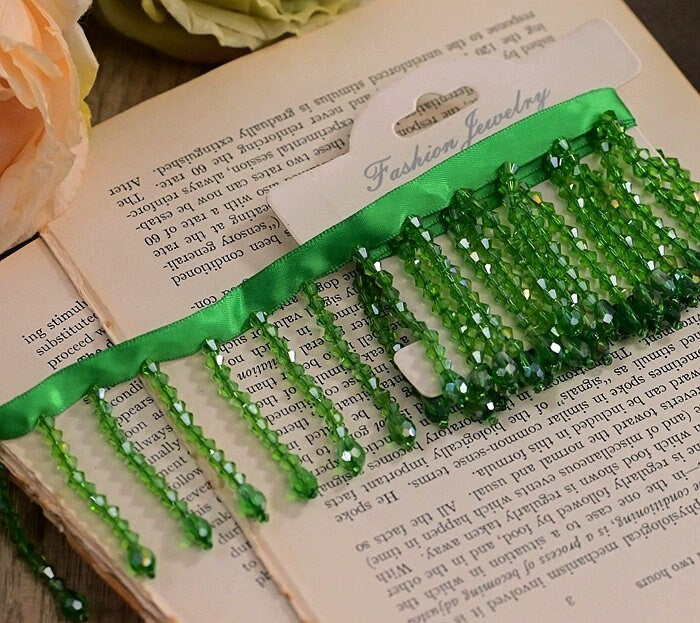 Handmade Crystal Beads Fringe: Green Dance Dress Costume Trim