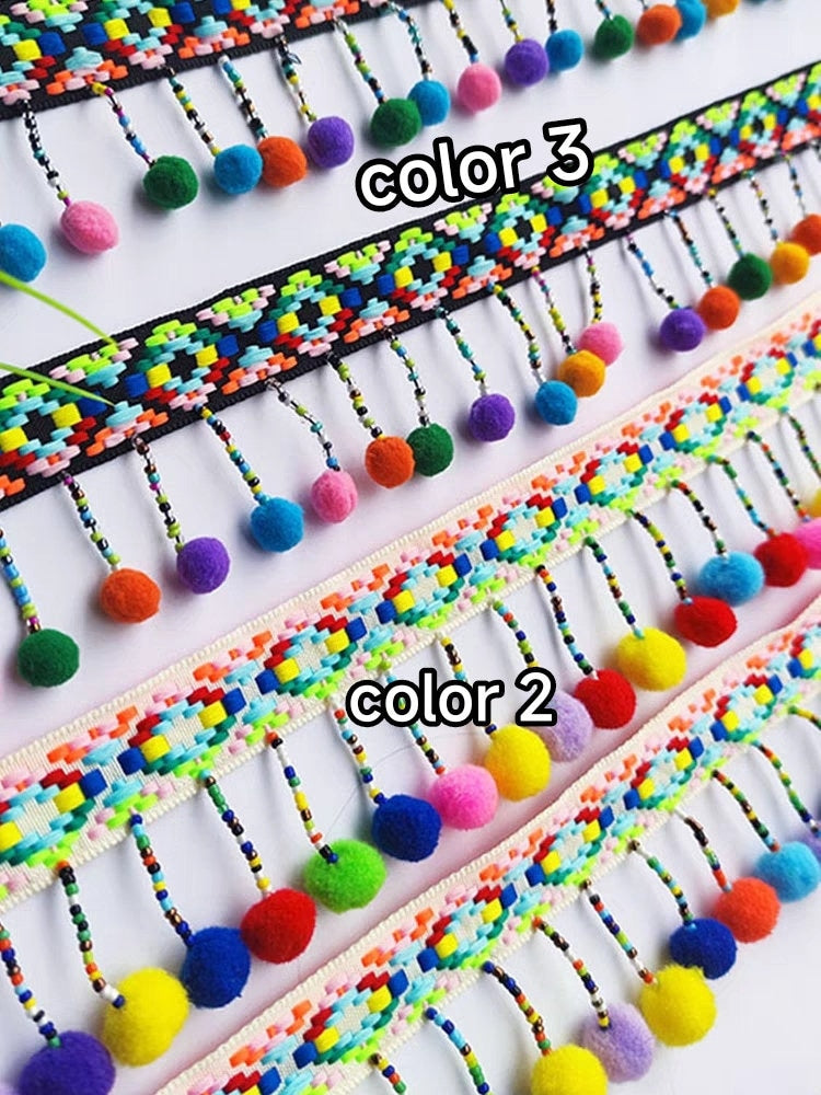 Frange à pompons faite main, 90 cm de long et 6 cm de large, ornée de perles. Idéale pour abat-jour, robe, etc. (à coudre soi-même).