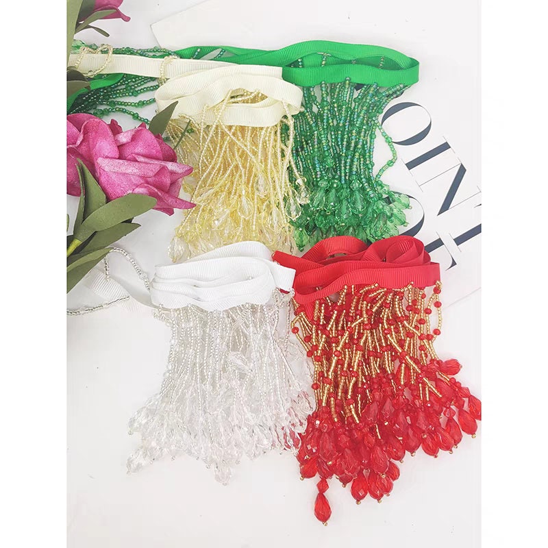 Frange en perles de cristal faites main, 90 cm de long et 8 cm de large, rouge/péridot/cristal, frange pour abat-jour, frange pour robe, frange de perles à coudre soi-même