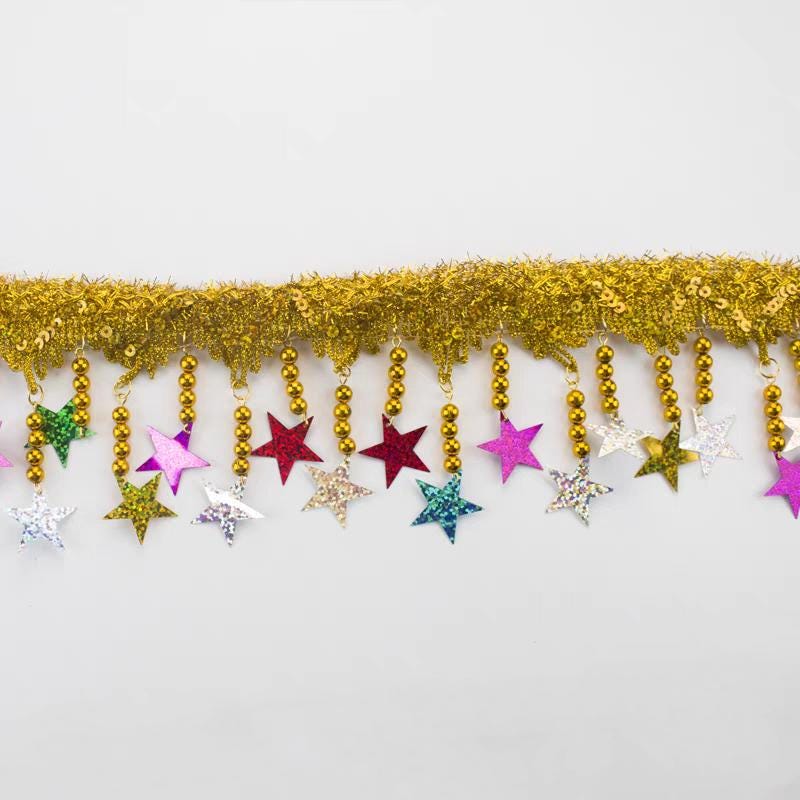 Sterrenpaillettenfranje, goud- en zilverkleurige afwerking, kostuumdecoratie (1 meter lang)