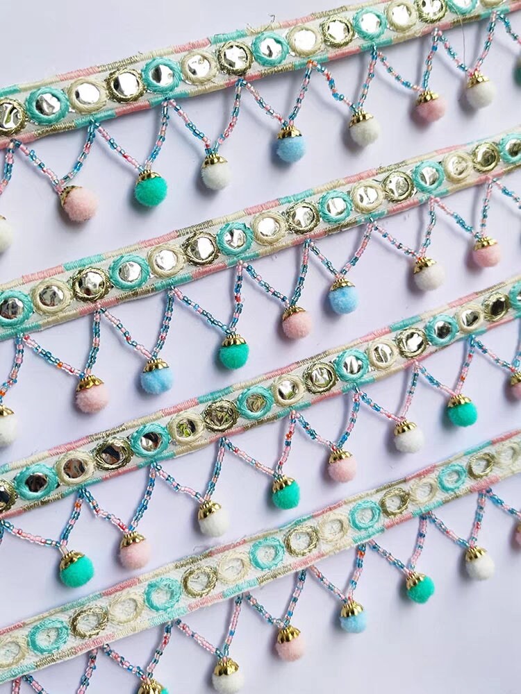 Franges à pompons et perles faites main (91 cm de long, 5 cm de large), abat-jour, robe à franges, à coudre soi-même.