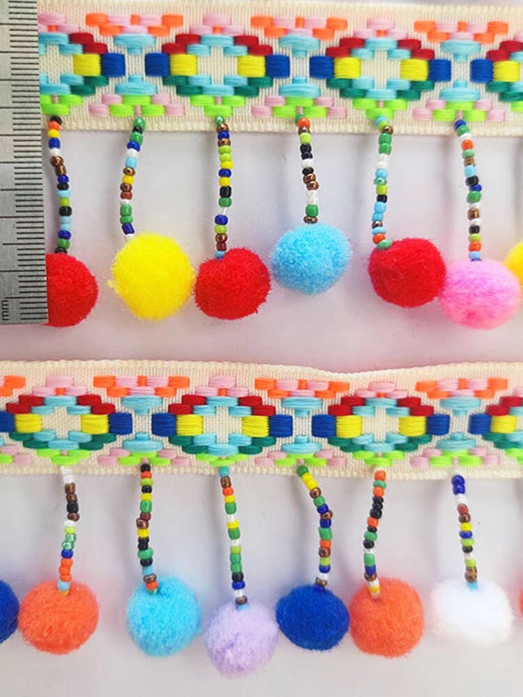 Frange à pompons faite main, 90 cm de long et 6 cm de large, ornée de perles. Idéale pour abat-jour, robe, etc. (à coudre soi-même).