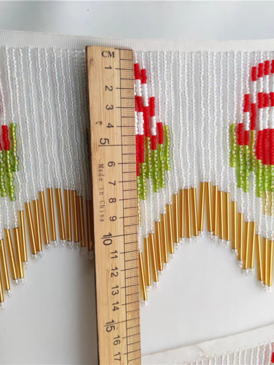 Handgemaakt, 100 cm lang en 15 cm breed, met bloemenpatroon, kralenfranjes, gordijn, lampenkap, tafelloper, doe-het-zelf naaibenodigdheden