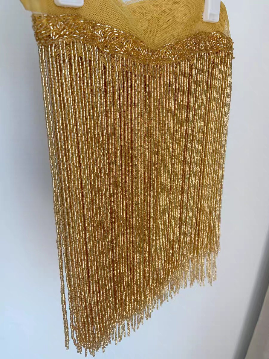 Bordure à franges en perles de rocaille dorées faites à la main, abat-jour et costume à faire soi-même (180 cm)