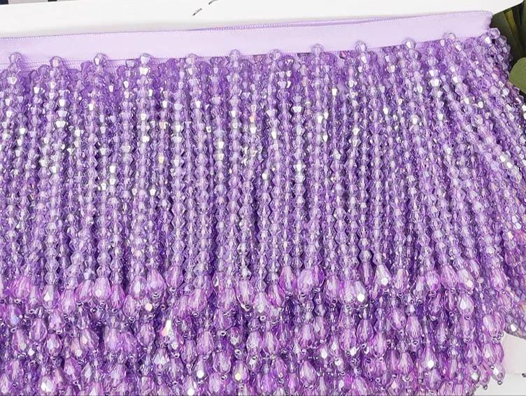 Frange de perles de cristal de 10 cm de large, rose, rouge, rose vif, bleu, vert, noir, orange, lilas, violet, transparent, doré, jaune.