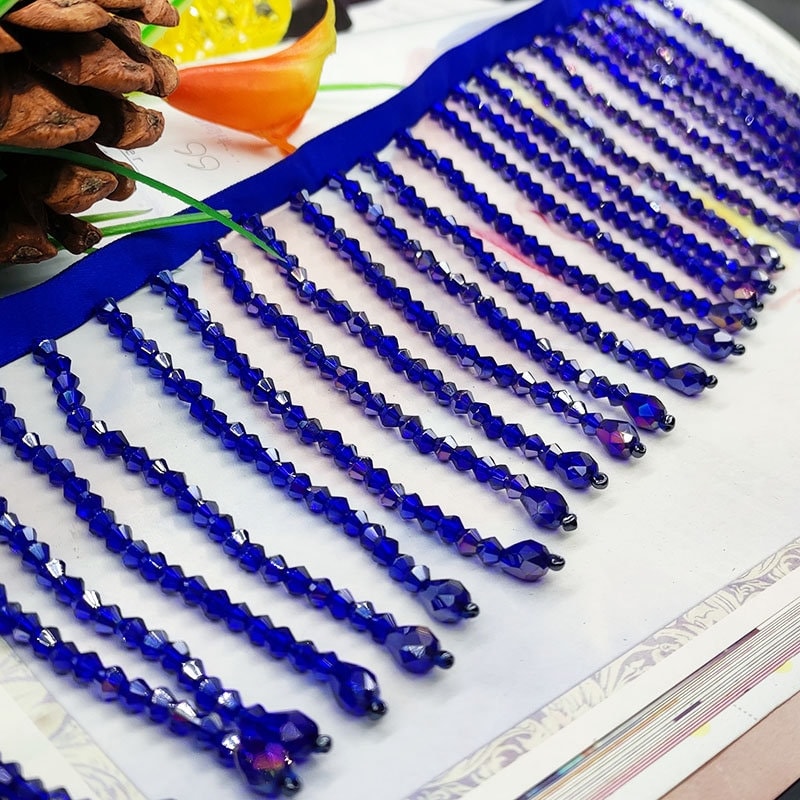 Frange de perles de cristal de 10 cm de large, rose, rouge, rose vif, bleu, vert, noir, orange, lilas, violet, transparent, doré, jaune.