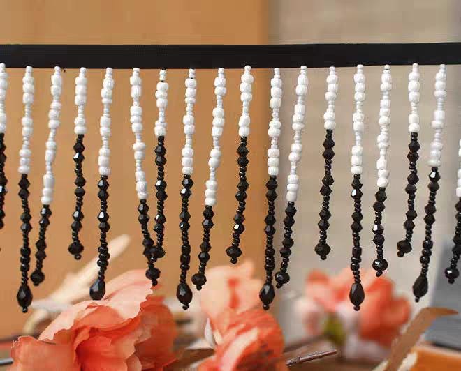 Handmade Black & White Beaded Fringe: Lampshade, Dress, Costume Trim