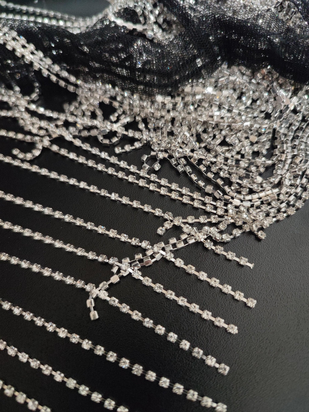 91cm Long 18cm Wide Shiny Rhinestone Chain Bead Fringe, Silver Chain with 2mm Clear Rhinestone Beaded Fringe