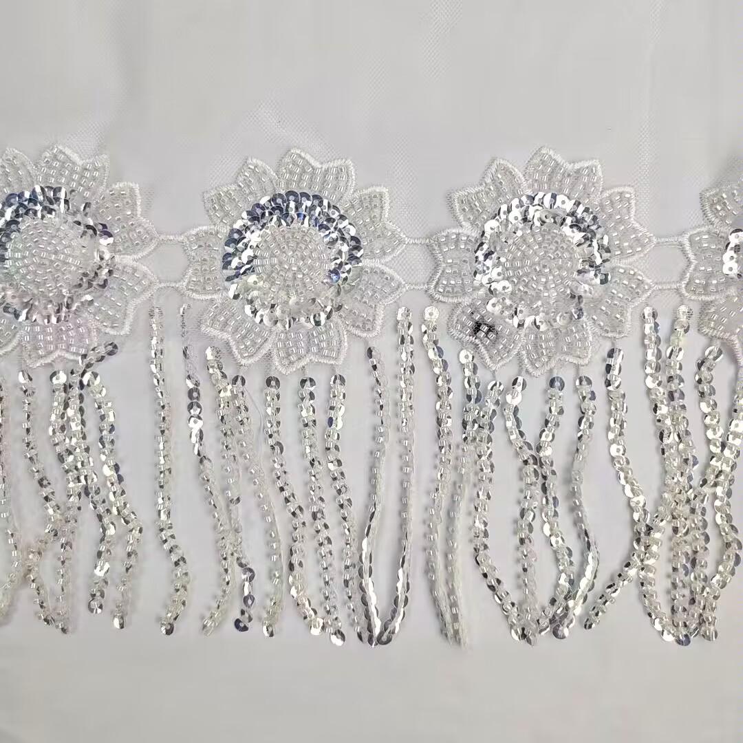 10yards 6 inch wide Beaded Flower Sequins Sparkle Sequins Fringe, crystal silver