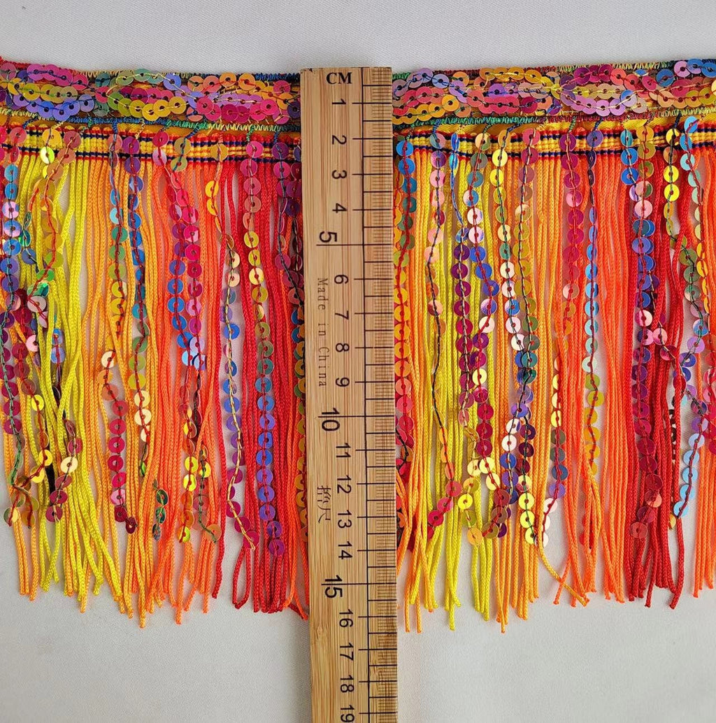 Frange chaînette en polyester de 15 cm (6 pouces) combinée à des paillettes, frange arc-en-ciel, 9 m (10 yards)/couleur