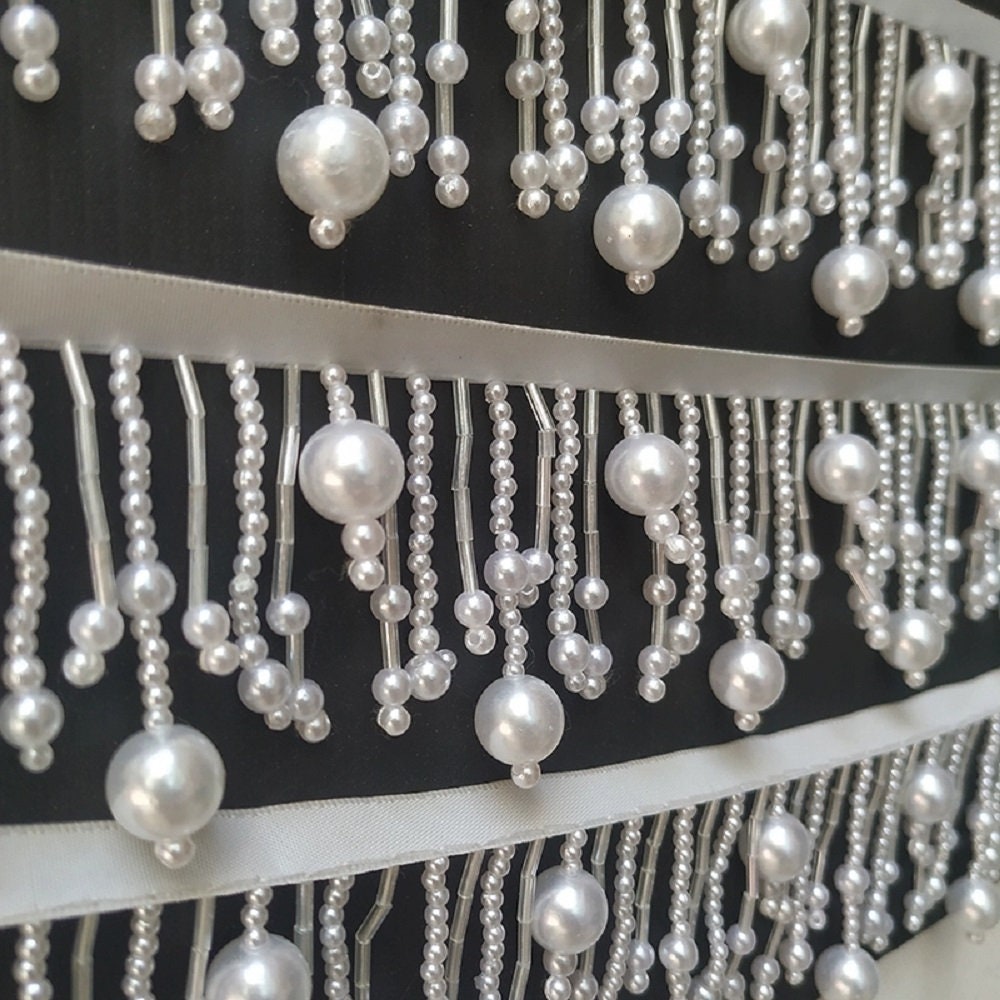 Frange de perles faite main, 90 cm de long et 6,5 cm de large, blanche ou noire, pour abat-jour, robe ou à réaliser soi-même.