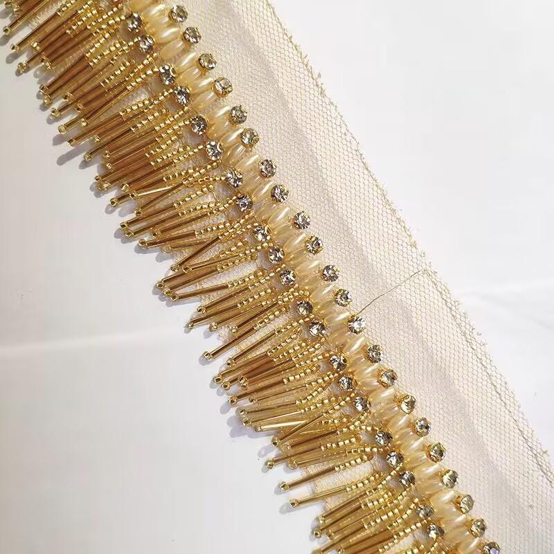 Handgemaakte kralenfranje: Goud, Zilver, Marineblauw, Rood - 90 cm