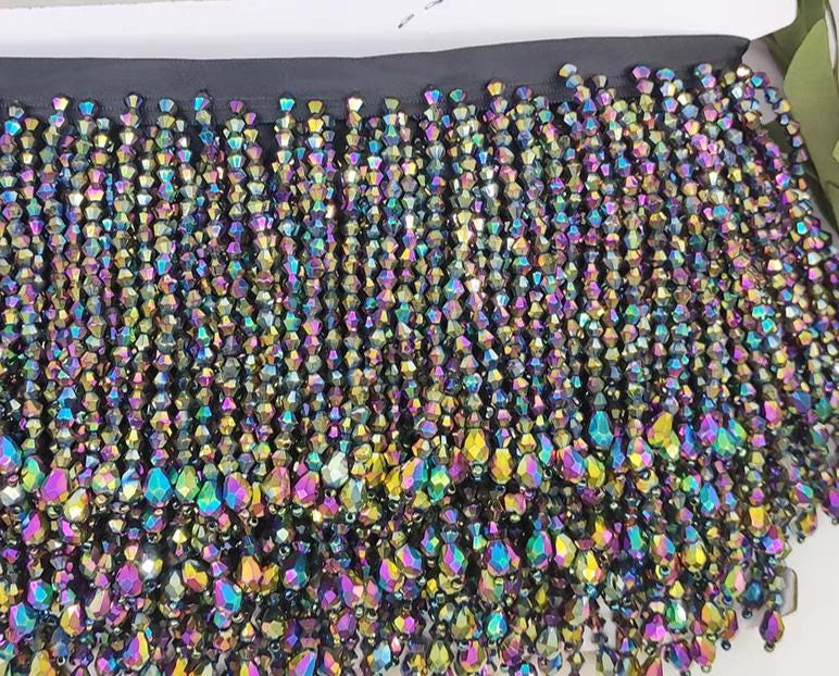 Frange de perles de cristal de 10 cm de large, rose, rouge, rose vif, bleu, vert, noir, orange, lilas, violet, transparent, doré, jaune.