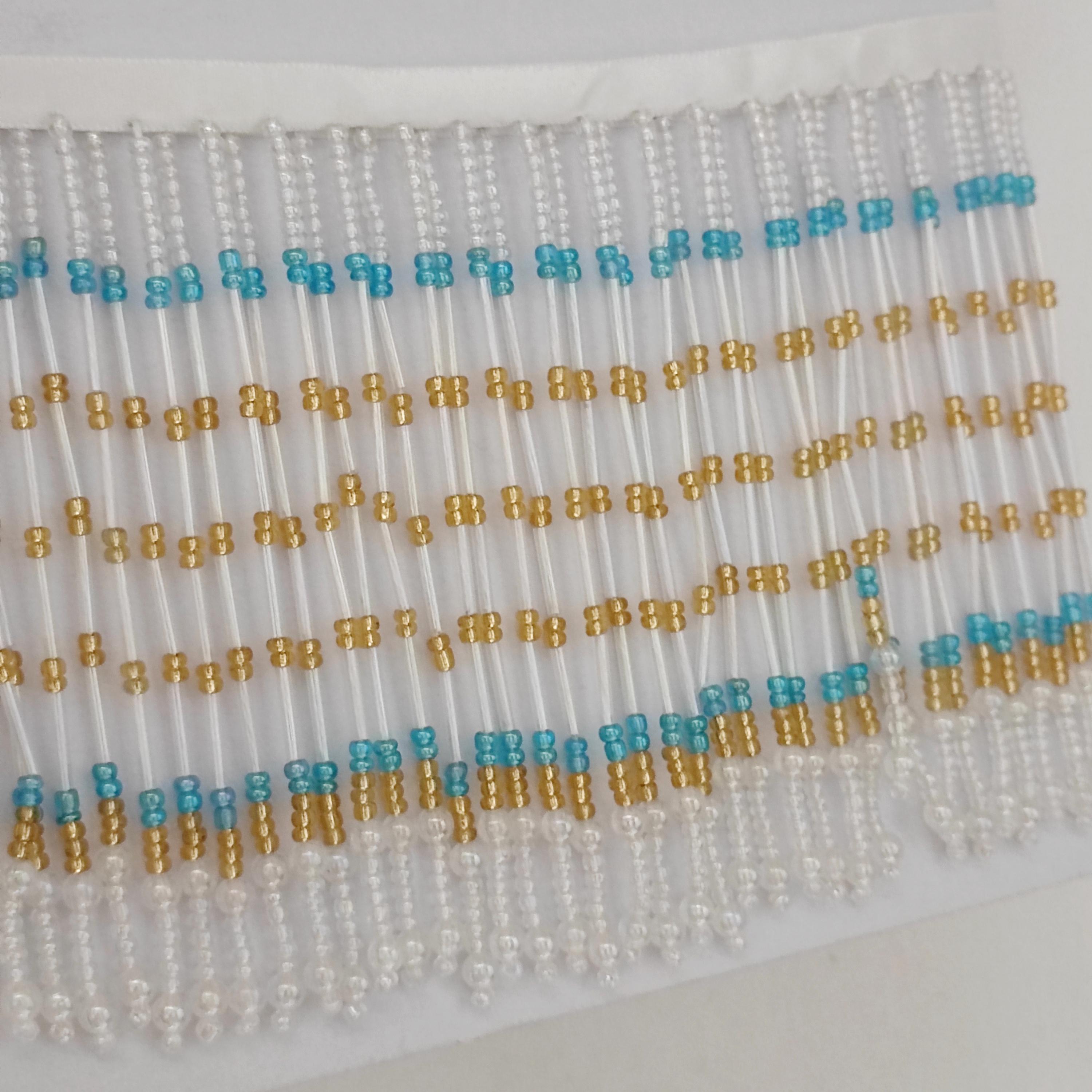 Handgemaakte lampenkapfranje van 90 cm lang en 11,5 cm breed met iriskralen in de kleuren helder, goud en turkooizen.