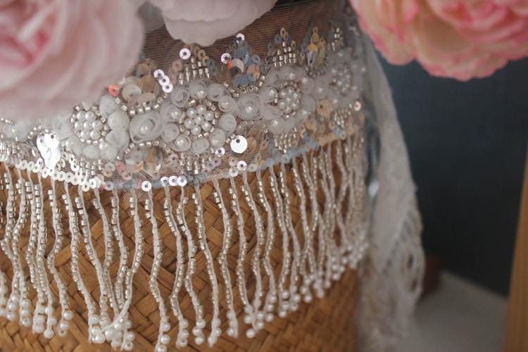 White Lace Beaded Fringe: Wedding Dress Couture Trim (10yards)