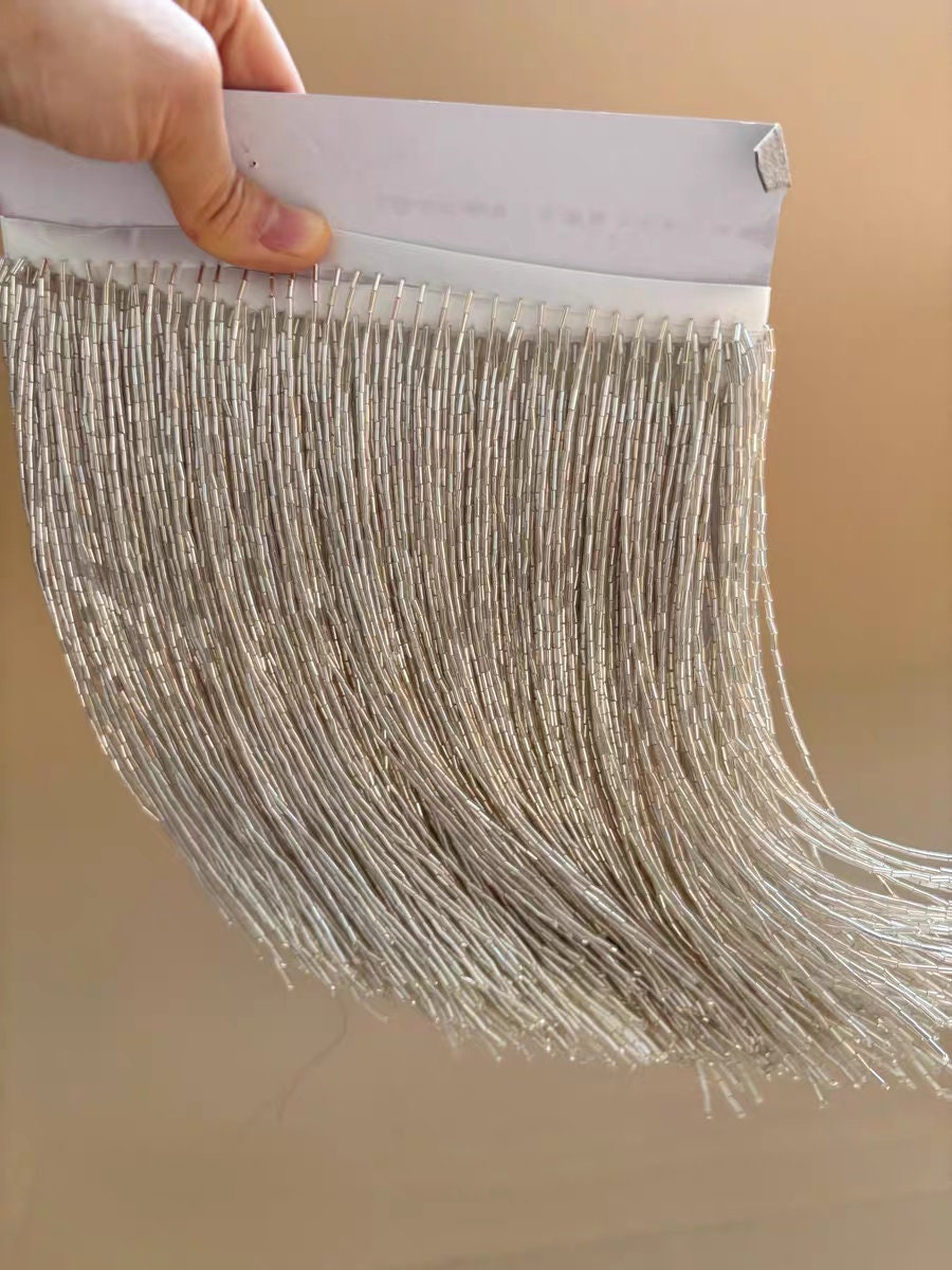 20 cm brede franje van allemaal bugelkralen, zilver, goud, blauw, rood, roze, paars, groen, lampenkap, jurk, kostuum, haute couture franje, op maat gemaakt
