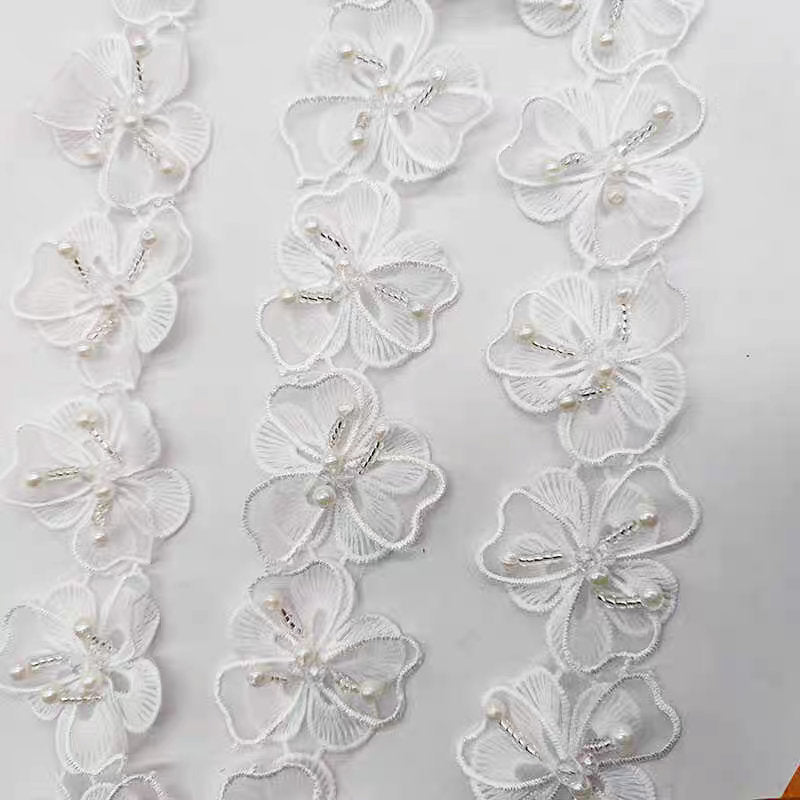 Handmade Pink Flower Lace Trim: Pearl & Organza Embellished (90cm)