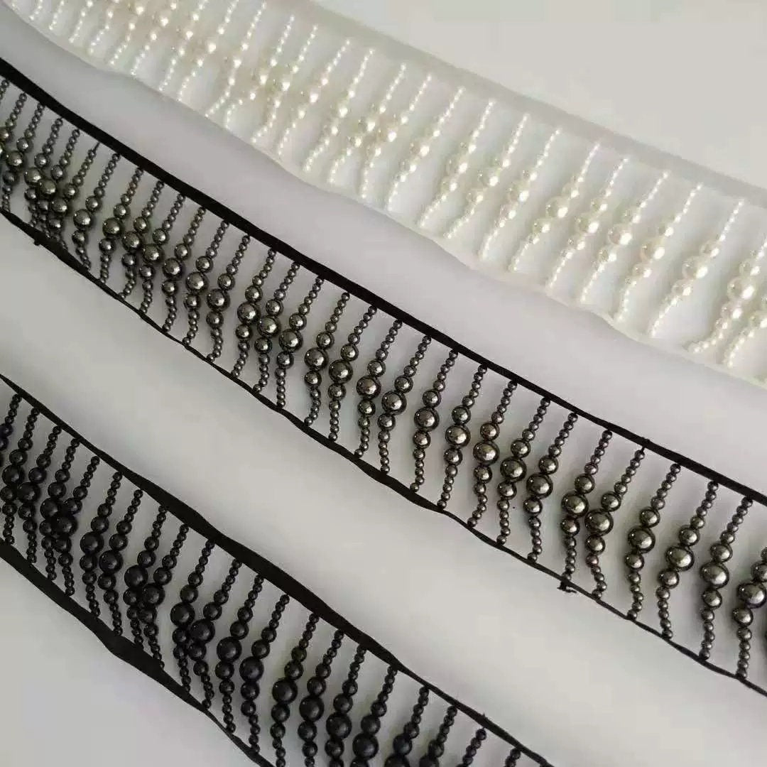 Handgemaakte dubbelzijdige parelfranje van 90 cm lang en 6 cm breed, geschikt als jurkfranje, lampenkapfranje of knutselfranje.