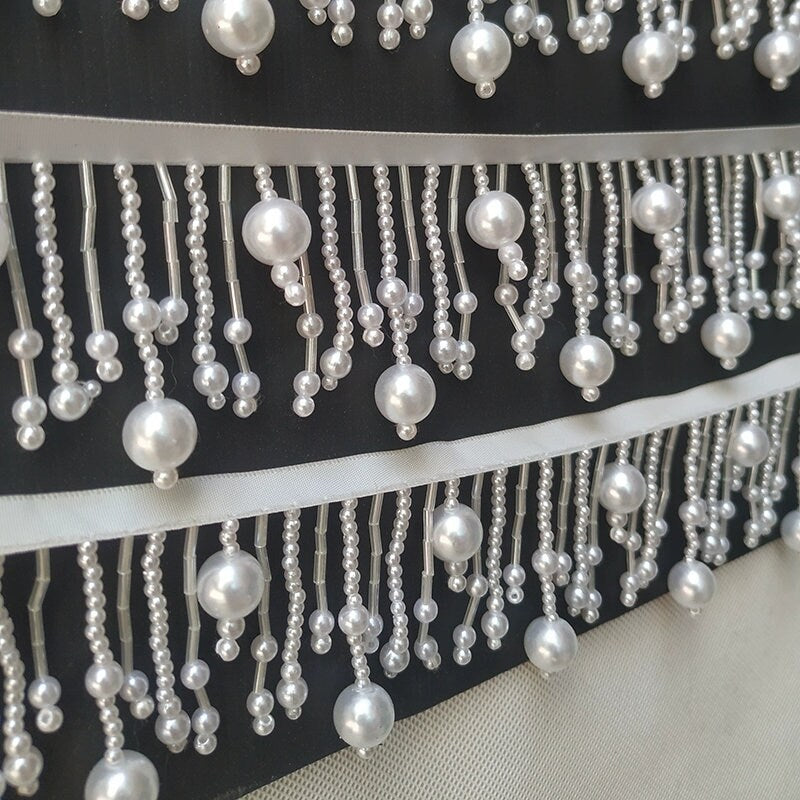 Frange de perles faite main, 90 cm de long et 6,5 cm de large, blanche ou noire, pour abat-jour, robe ou à réaliser soi-même.