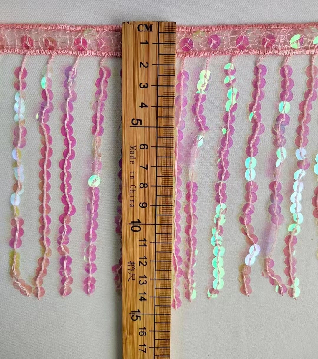 Franje met pailletten: 15 cm breed, 14 meter