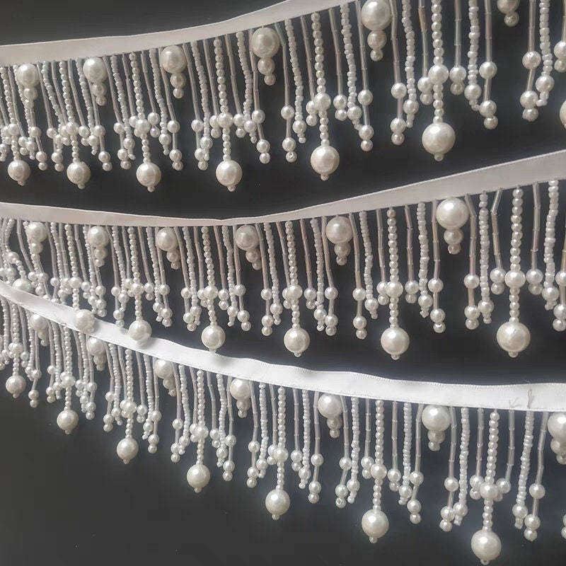 Frange de perles faite main, 90 cm de long et 6,5 cm de large, blanche ou noire, pour abat-jour, robe ou à réaliser soi-même.
