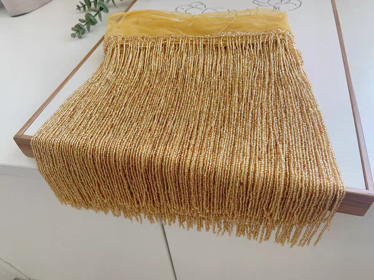 Bordure à franges en perles de rocaille dorées faites à la main, abat-jour et costume à faire soi-même (180 cm)