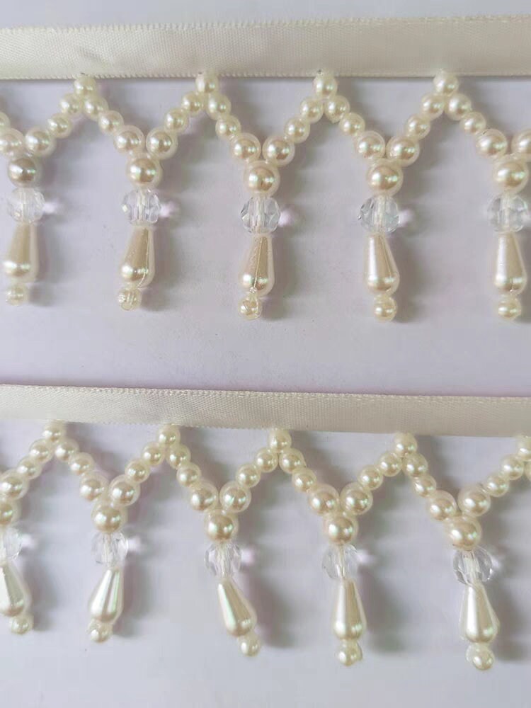 Handgemaakte kralenfranje van 90 cm lang en 4 cm breed, gemaakt van parels en kristallen, geschikt als lampenkapfranje, trouwjurkfranje of doe-het-zelf-franje.