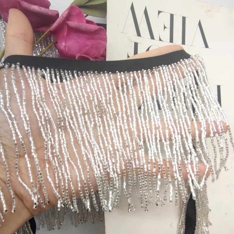 Handmade 90cm Long 10cm Wide Very Thick Shiny Silver Beads Beaded Fringe