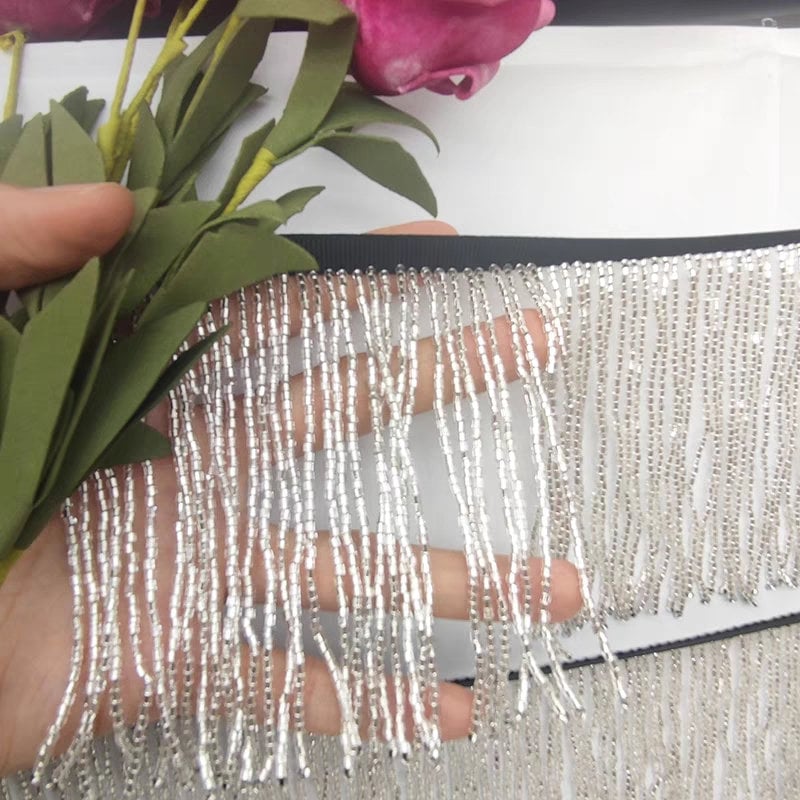 Handmade 90cm Long 10cm Wide Very Thick Shiny Silver Beads Beaded Fringe