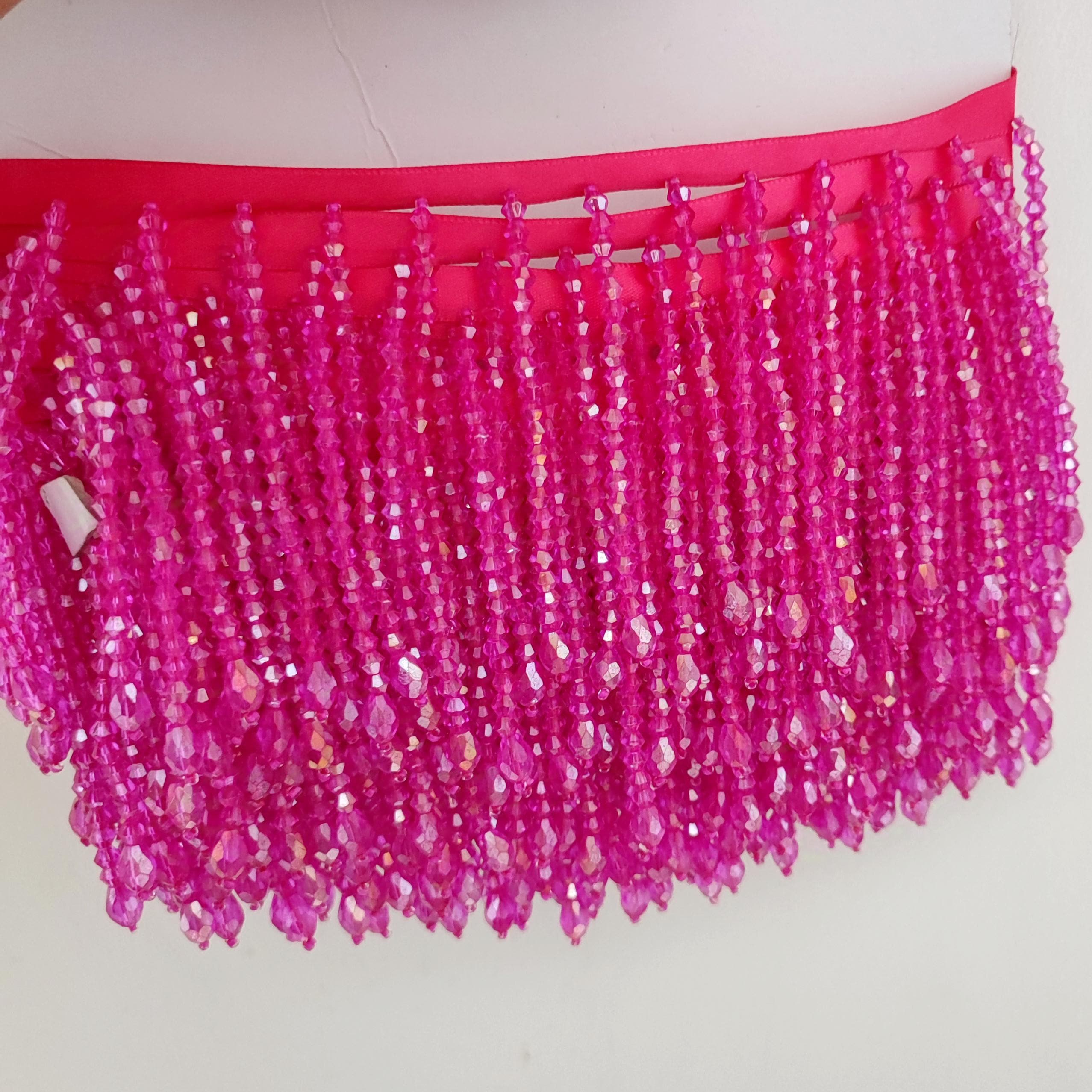 Frange de perles de cristal de 10 cm de large, rose, rouge, rose vif, bleu, vert, noir, orange, lilas, violet, transparent, doré, jaune.